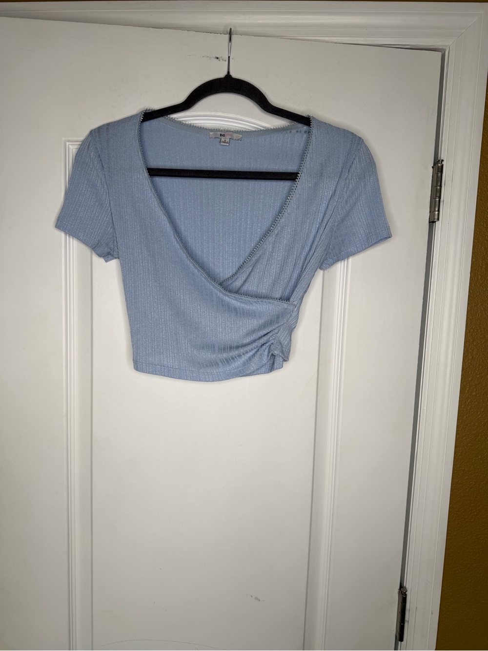 Blashe Ribbed Light Blue Faux Wrap Crop Top. Size S.